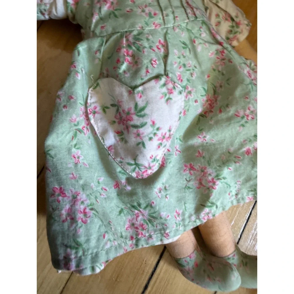 Vintage Cornell Rag Doll Green Floral Dress Yarn Hair Plush Toy 14 Inch